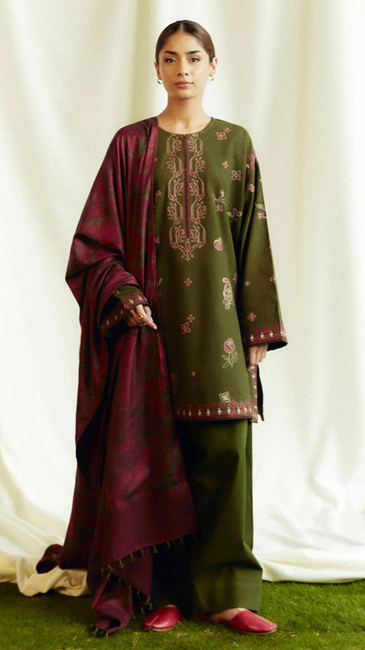 ZARA SHAHJAHAN 3PC Dhanak Embroidered Shirt With Digital Printed Shawl-273