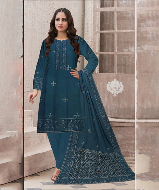 Female Studio Karandi 3PC Embroidered With Lasercut Karandi Shawl Embroidered-2100