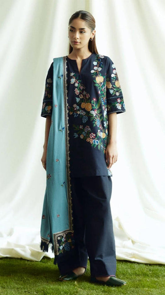 ZARA SHAHJAHAN 3PC Dhanak Embroidered Shirt With Digital Printed Shawl-281