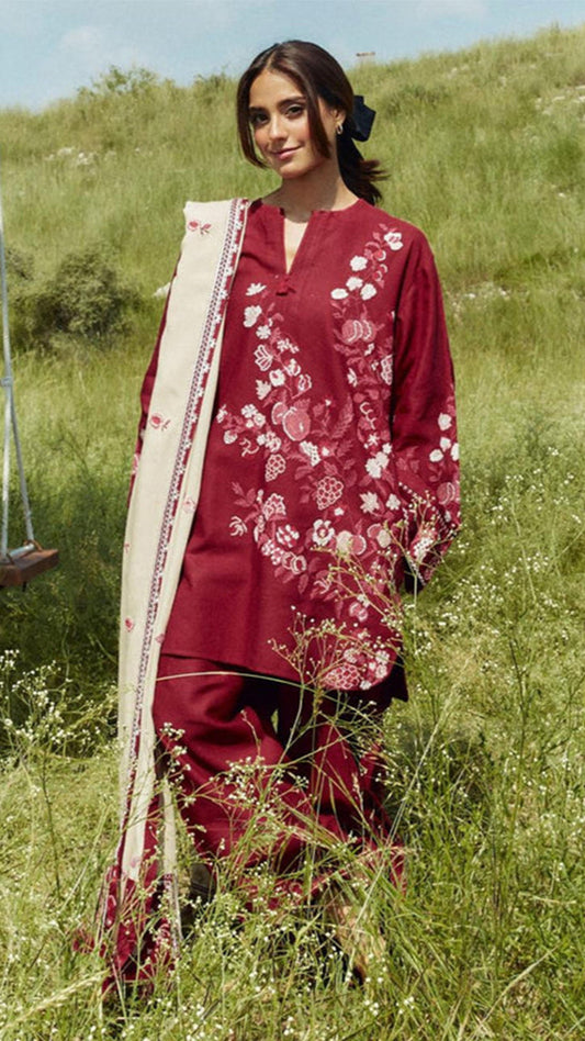 ZARA SHAHJAHAN 3PC Dhanak Embroidered Shirt With Digital Printed Shawl-282