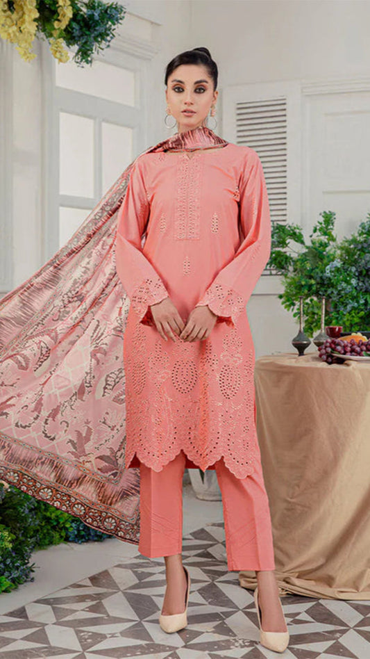 SAFWA FLORAL 3PC Dhanak Embroidered Shirt With Digital Printed Shawl-2003