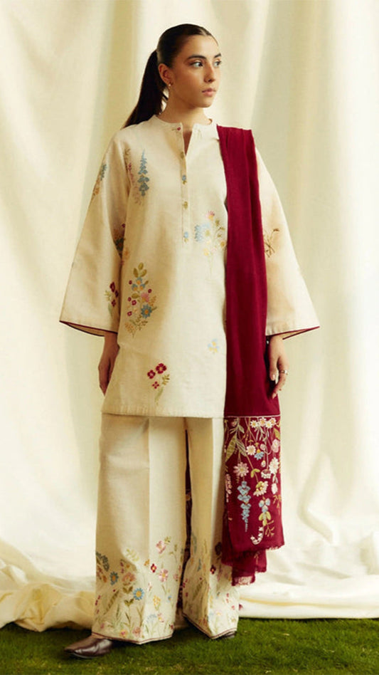 ZARA SHAHJAHAN 3PC Dhanak Embroidered Shirt With Embroidered Shawl-278