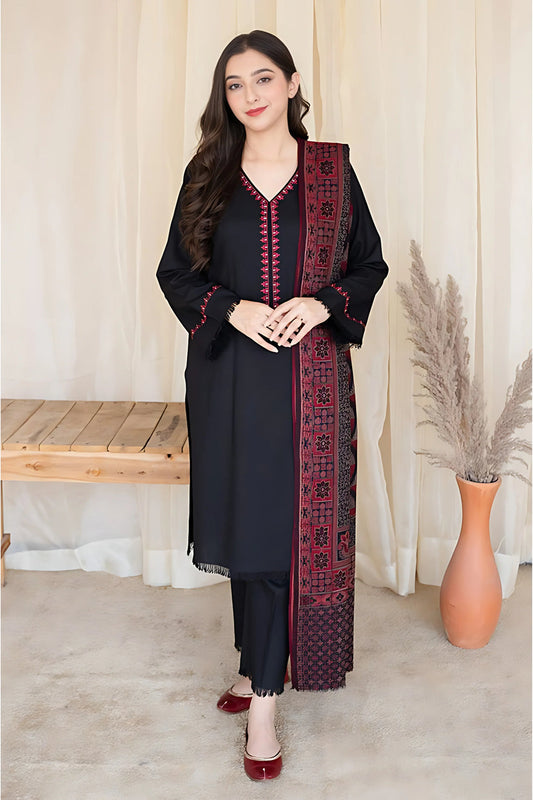 3 Piece - Unstitched Dhanak Stuff Full Embroidered Suit With Printed Wool Shawl.