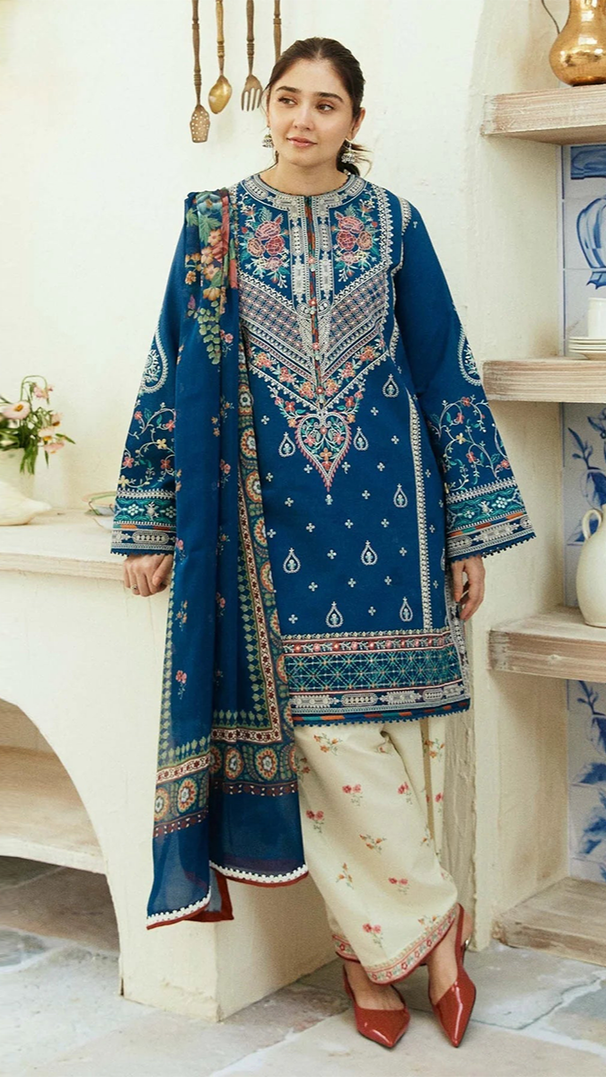 ZARA SHAHJAHAN 3PC Dhanak Embroidered Shirt With Digital Printed Shawl-668