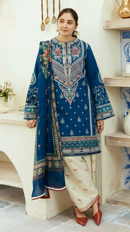 ZARA SHAHJAHAN 3PC Dhanak Embroidered Shirt With Digital Printed Shawl-668