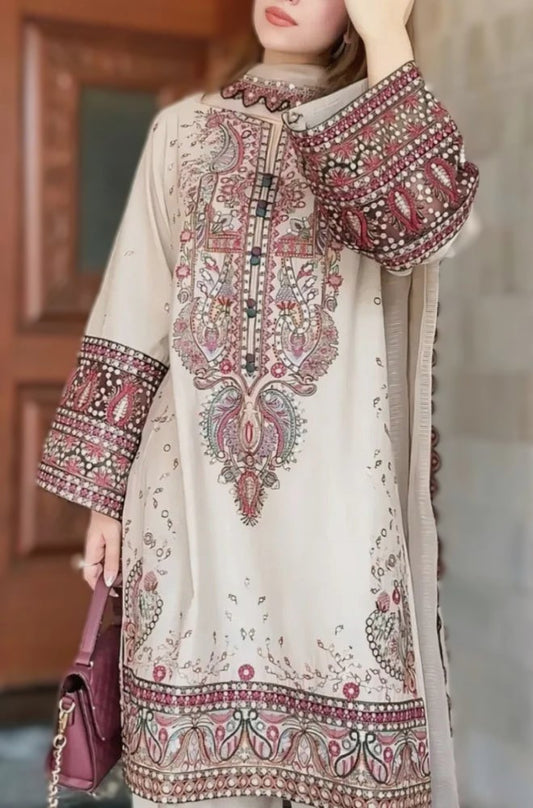 Winter 3PC Dhanak Chickenkari Embroidered Suit with Embroidered Shawl–1158