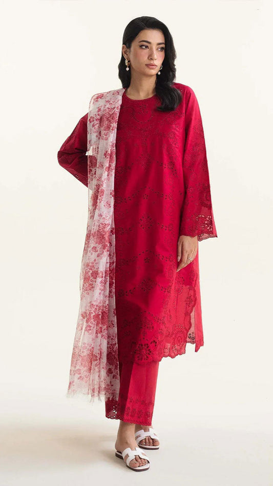 ZARA SHAHJAHAN 3PC Lawn Chikankari Embroidered Shirt With Printed Dupatta-487