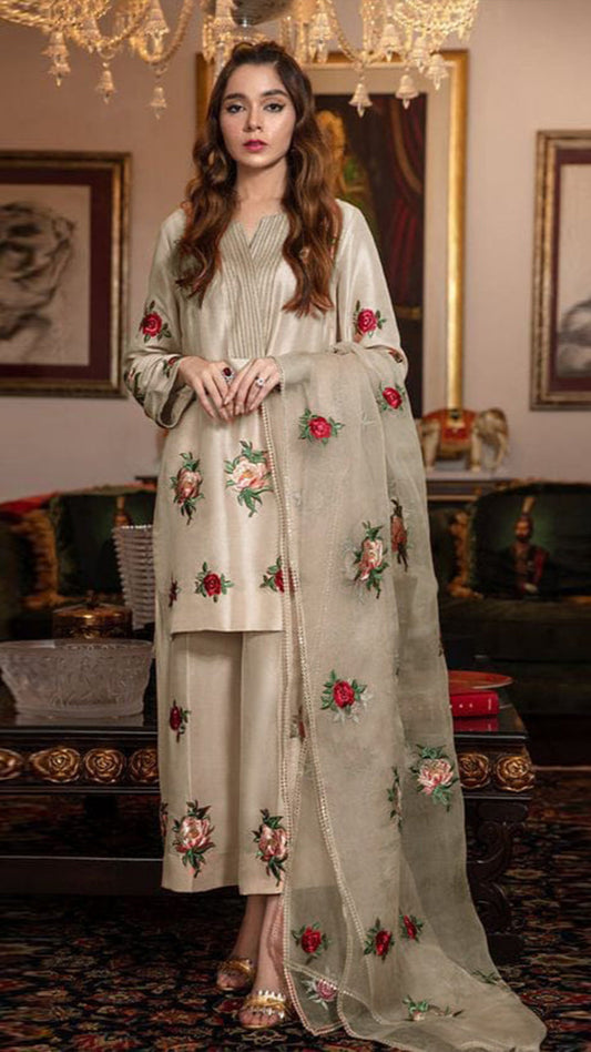 Silk 3PC Embroidered With Organza Embroidered Dupatta-1316