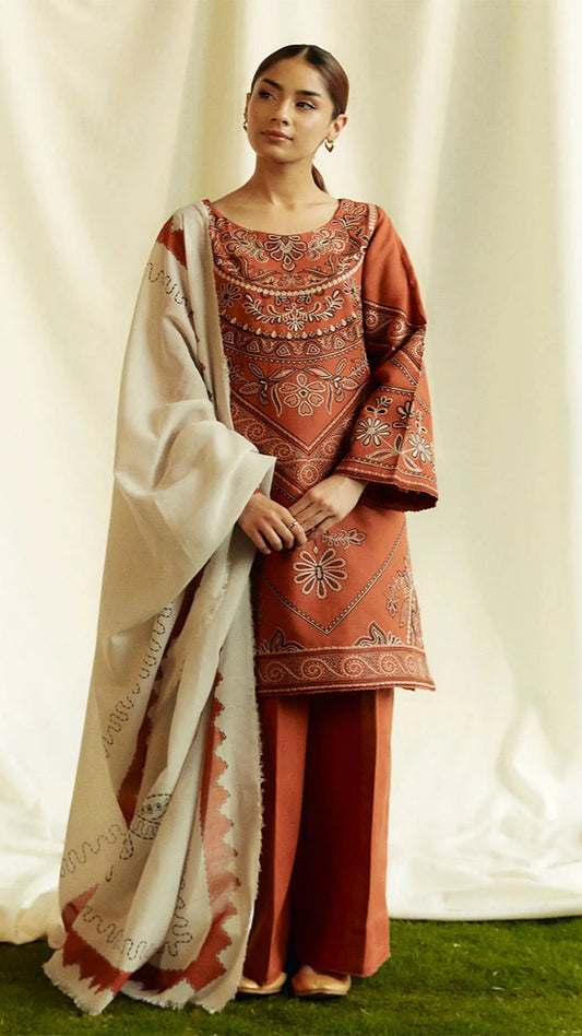 ZARA SHAHJAHAN 3PC Dhanak Embroidered Shirt With Digital Printed Shawl-280