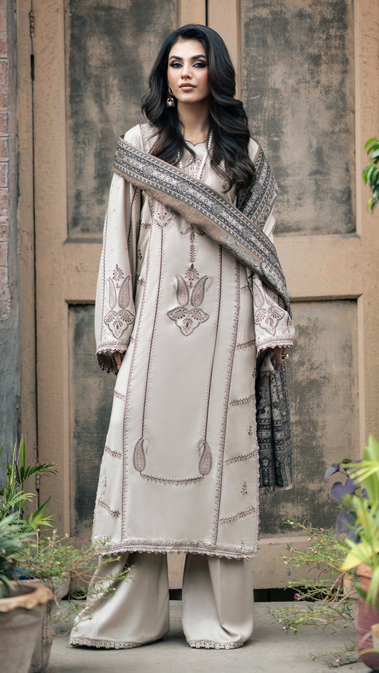IZEL MUSAFIR 3PC Dhanak Embroidered Shirt With Digital Printed Shawl-257