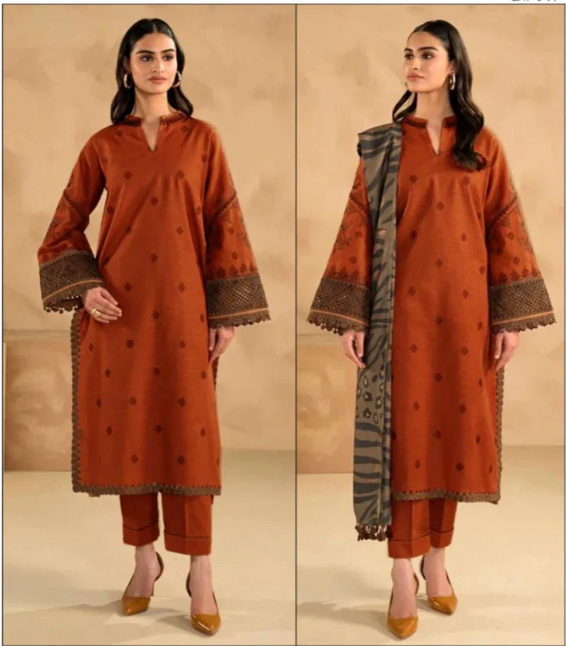 AISLING Dhanak 3PC Embroidered With Digital Printed Wool Shawl-