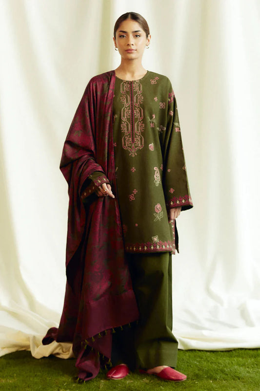 Dhanak 3PC Embroidered With Dhanak Embroidered Shawl-