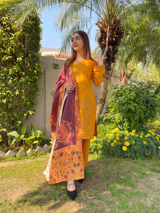 3PC Embroidered With Wool Mreena Embroidered Dupatta-616