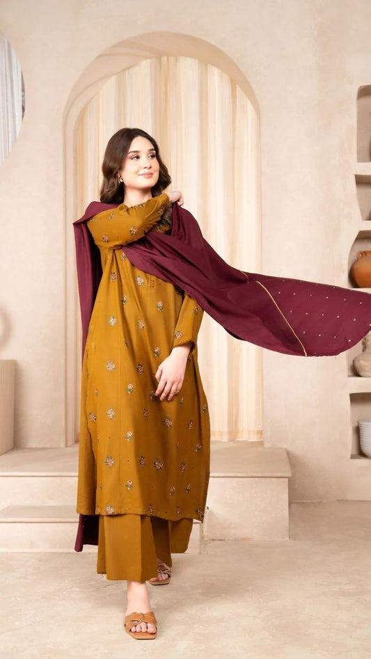 BAROQUE  3PC Dhanak Embroidered Shirt With  Embroidered Shawl-298