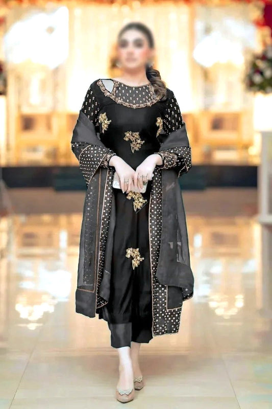AFROZEH UNSTITCH WINTER VELVET 3PC EMBROIDERED SUIT WITH SILK TROUSER & ORGANZA DUPATTA – 4498