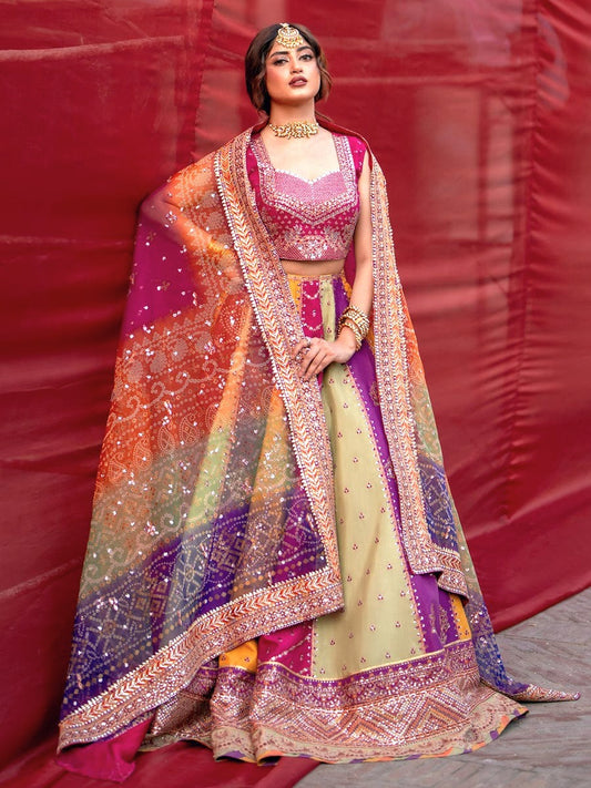 BIN ILYAS RAW SILK EMBROIDERED LEHENGA MAXI WITH ORGANZA DUPATTA – 4538
