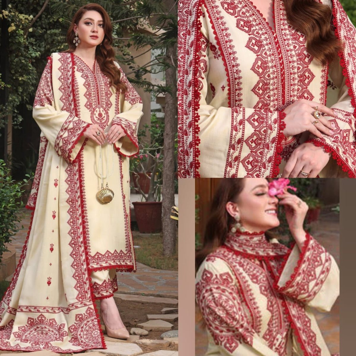 ASIM JOFA DHANAK HEAVY EMBROIDERED 3PC  WITH EMBROIDERED DHANAK SHAWL-2096