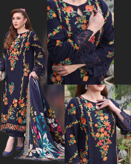 LUXURY DHANAK FLORAL EMBROIDERED 3PC SUIT WITH DIGITAL PRINTED WOOL SHAWL –3545
