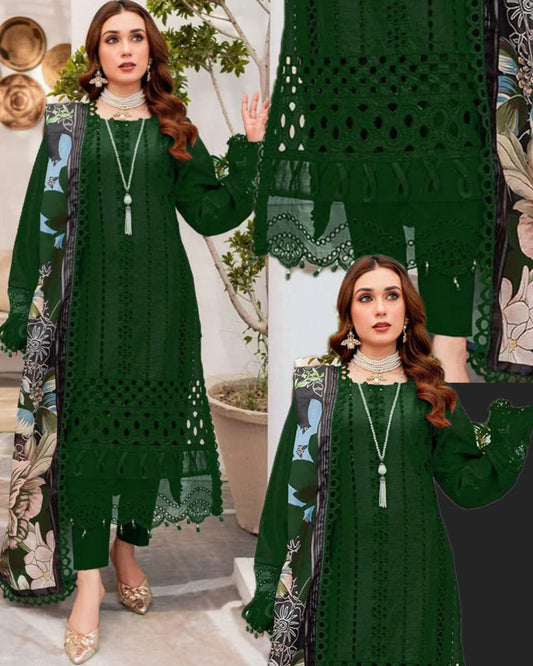 LUXURY DHANAK CHIKANKARI EMBROIDERED 3PC SUIT WITH DIGITAL PRINTED WOOL SHAWL-3169