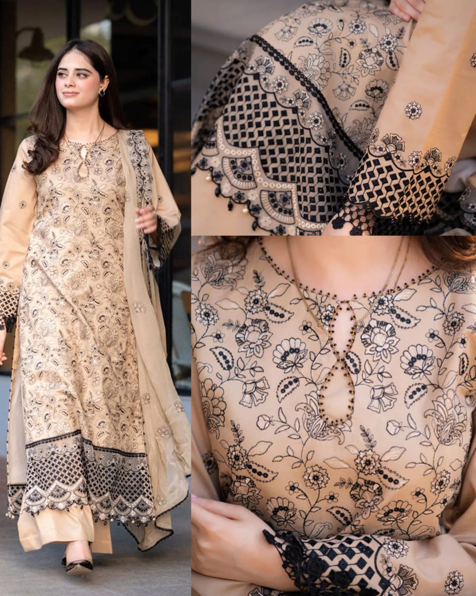 LUXURY DHANAK EMBROIDERED 3PC SUIT WITH CHIFFON EMBROIDERED DUPATTA-3397