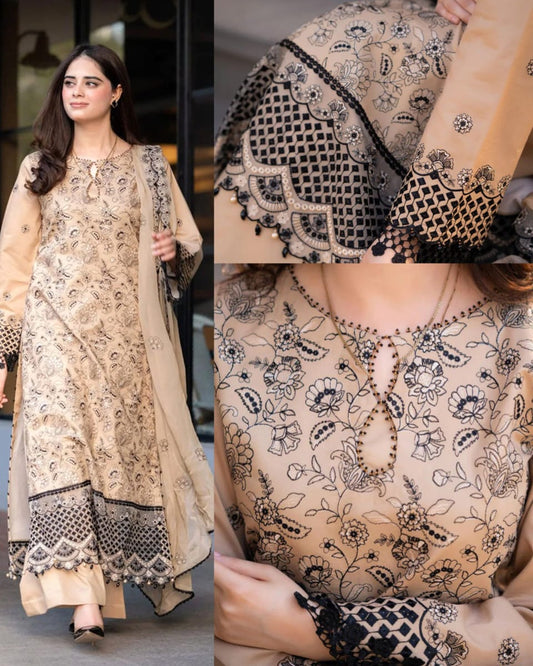 LUXURY DHANAK EMBROIDERED 3PC SUIT WITH CHIFFON EMBROIDERED DUPATTA-3397