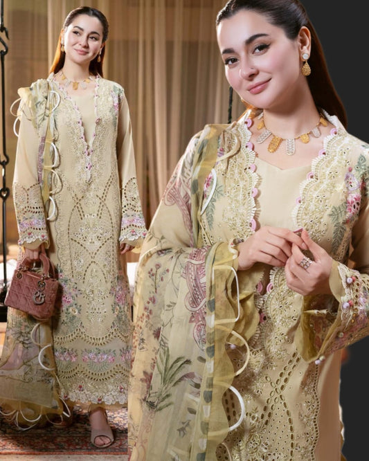 LUXURY DHANAK CHIKANKARI EMBROIDERED 3PC SUIT WITH PRINTED WOOL SHAWL-3333