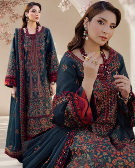 ASIM JOFA 3PC DHANAK EMBROIDERED SUIT WITH EMBROIDERED SHAWl -V677