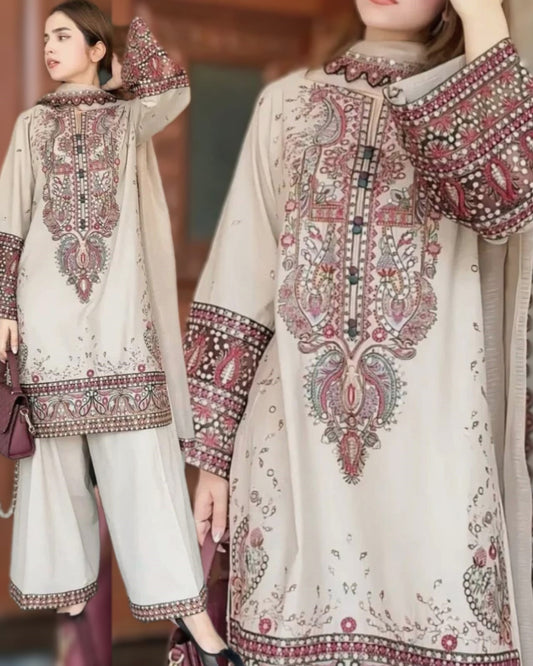 Winter 3PC Dhanak Chickenkari Embroidered Suit with Embroidered Shawl–1158