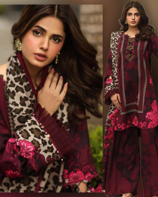 Shahanah Luxe Digital Printed Lawn 3PC Suit with Voile Dupatta – 4011