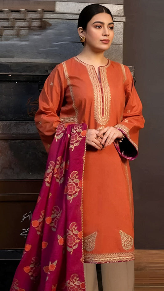 ZARA SHAHJAHAN 3PC Dhanak Embroidered Shirt With Digital Printed Shawl-691