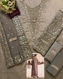 HUSSAIN REHAR 3PC RAW SILK SUIT WITH SOFT NET CRYSTAL & STONE WORK DUPATTA – 786