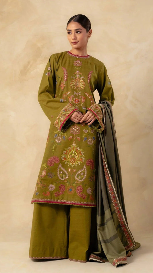 Zara Shahjahan 3PC Embroidered With Digital Printed Wool Shawl-198