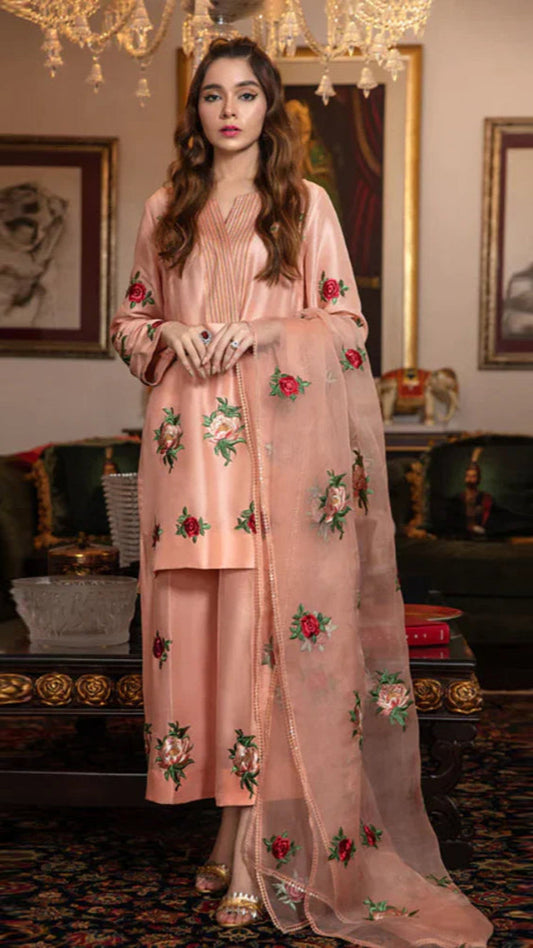 Silk 3PC Embroidered With Organza Embroidered Dupatta-1314