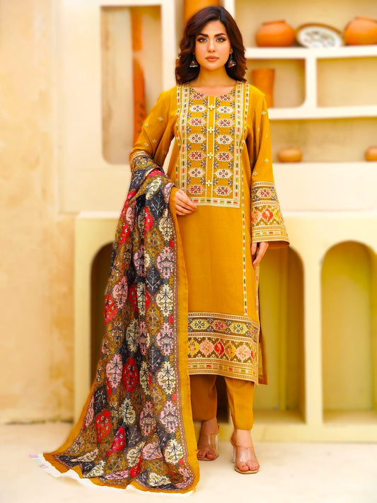 ANEELAS WINTER DHANAK EMBROIDERED 3PC SUIT WITH PRINT WOOL SHAWL – 1069
